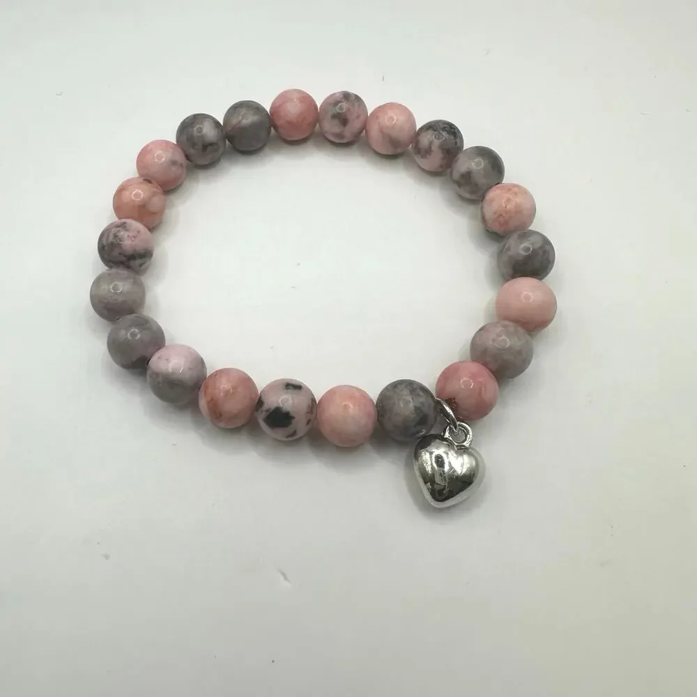 Unbranded Pink Gray Round Bead Ball Stretch Bracelet Silver tone Heart Charm
